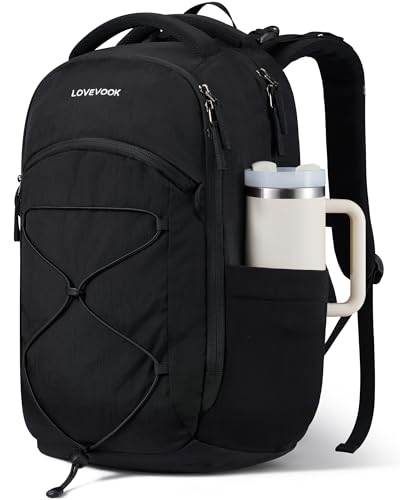 LOVEVOOK Everyday Laptop Backpack for Women & Men With Giant Tumbler Holder,15.6 Inch Classic Travel Work College Teacher Carry on Backpack Purse,Waterproof Computer laptop Bag Hiking Backpack,Black
