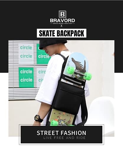 BRAVORD Foldable Skateboard Backpack Bag Carrier with Adjustable Shoulder Straps for Double Kick Longboard Electric Skateboard, Unisex (BLK)