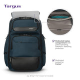 Targus HeritageLuxe Backpack 15-16” – Blue Laptop Bag with SafeSling Protection, RFID Pocket, USB-C Charging, Tracker Slot, Eco Fabric, Leather Accents - TBB65602GL