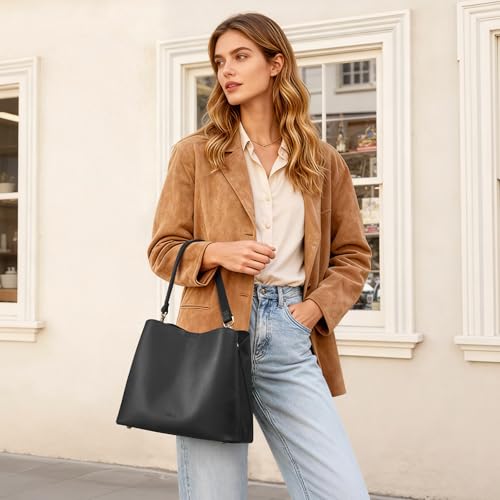 S-ZONE Leather Crossbody Bags for Women Shoulder Bag Multi Compartments Bucket Purses