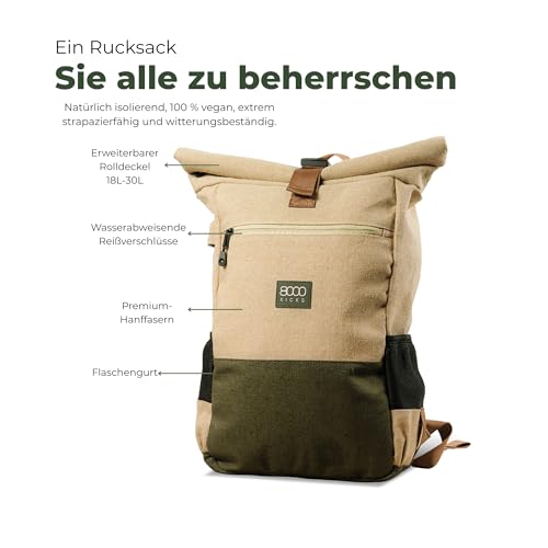 8000Kicks Everyday Hemp Backpack - Lightweight and Weatherproof Backpack for Work and Travel with Anti-theft pocket and Spacious Interior (Beige)