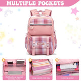 HZWLFA Kids Backpack for Girls,Cute Plaid Backpack,Preppy Bookbag for Elementary & Middle School Students,Large Capacity School Bag,17 Inch,Pink