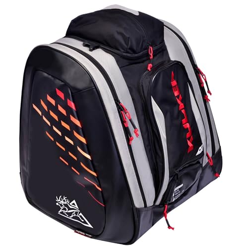 KULKEA Thermal Trekker Heated Ski Boot Backpack - Insulated Ski Boot Bag - Maximum Gear & Boot Storage - 3 Heat Settings - 120V Wall Plug & 12V Auto Plug - Water Resistant Backpack (Grey/Black/Red)