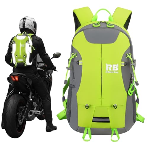 Reflective Motorcycle Backpack – Hi Viz EDC Commuter Bag for Riders, Night Travel, and Daily Use with Helmet Holder, Laptop Compartment, Ventilated Back, Urban Gear (green backpack)