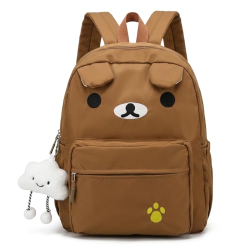 Roozxbscen Cute Bear Backpack for Women Nylon Cartoon Kawaii Daily Bag Lightweight Travel Daypack with Soft Cloud Pendant (Brown)