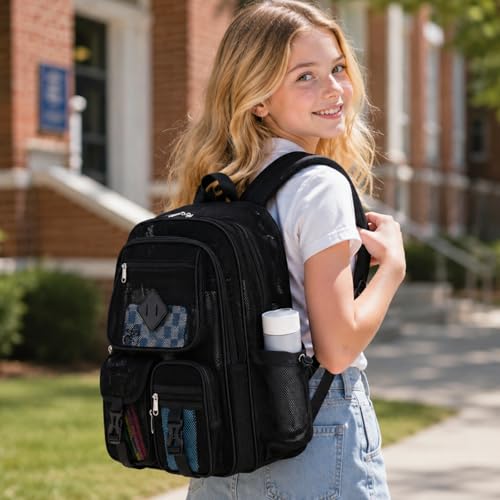 MOONBABY Mesh Backpack for School Heavy Duty See Through Net Bookbag Girls Boys Semi-Transparent Net Back Pack for Beach, Swimming, Sports, Work, Travel (Black)