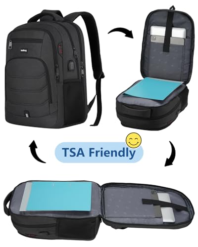 kadilong Large Laptop Backpack Men Book Bag with USB Charging Port Business Travel Anti Theft Durable,Water Resistant College Computer Bag Fits 17.3 Inch Notebook for Teenage Boys,Black