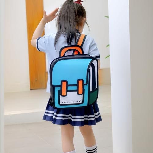 Lifelix Kids Kawaii Backpack for Boys Girls Cute Toddler 2D Cartoon Comic Paper Jump Bookbag Fun Weird School Schoolbag (Blue, Small)
