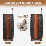 Kono Expandable 28 Inch Luggage with Spinner Wheels, Large Checked Luggage with Lock, Lightweight & Anti-Scratch PC+ABS Hardshell Travel Suitcase, Black/Brown