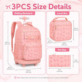 AGSDON Playful Bow Print Girls Rolling Backpack Set – 20” Roller Bookbag with Matching Lunch Box for Travel, Commute & School | Water-Resistant Fashion Wheeled Organizer in Pink