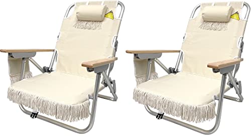 EasyGo Product Tassel Backpack Beach Chair 5 Positions and Cup Holder Pouch on Side-Padded Pillow-Storage Bag on Back – Lightweight Rustproof Aluminum – Black Frame, 2 Pack TAN