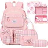 Bevalsa Backpack for Girls, Bow Plaid Bookpack with Bento Lunch Box, Insulated Bag & Utensils, 34oz Lunch Containers School Bags Set for Children Teens Kids Elementary Middle school Student (Pink)
