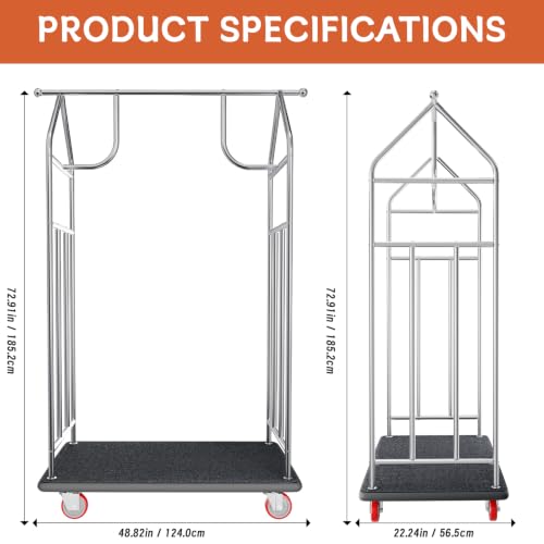 Hotel Luggage Cart, 48"x22" 1200Lbs Load Commercial Rolling Bellman's Cart | Heavy Duty Rolling Luggage Cart with Anti-Friction Felt Pad & Rubber Bumper for Hotels,Resorts, Condos