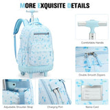 ACESAK Rolling Backpack for Girls - Roller Wheels School bag with Lunch Bag & Pencil Pouch for Teen Girls Kids Wheeled Suitcase Backpacks, Elementary Middle School Travel Daypack (Blue Bow)