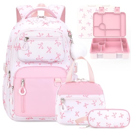Bevalsa Backpack for Girls, Bow School Bookbag Teen Girls Backpack Set with Bento Lunch Box, Insulated Bag & Pencial Case, 43oz Lunch Containers for Kids Elementary Middle Student (Pink Bow)