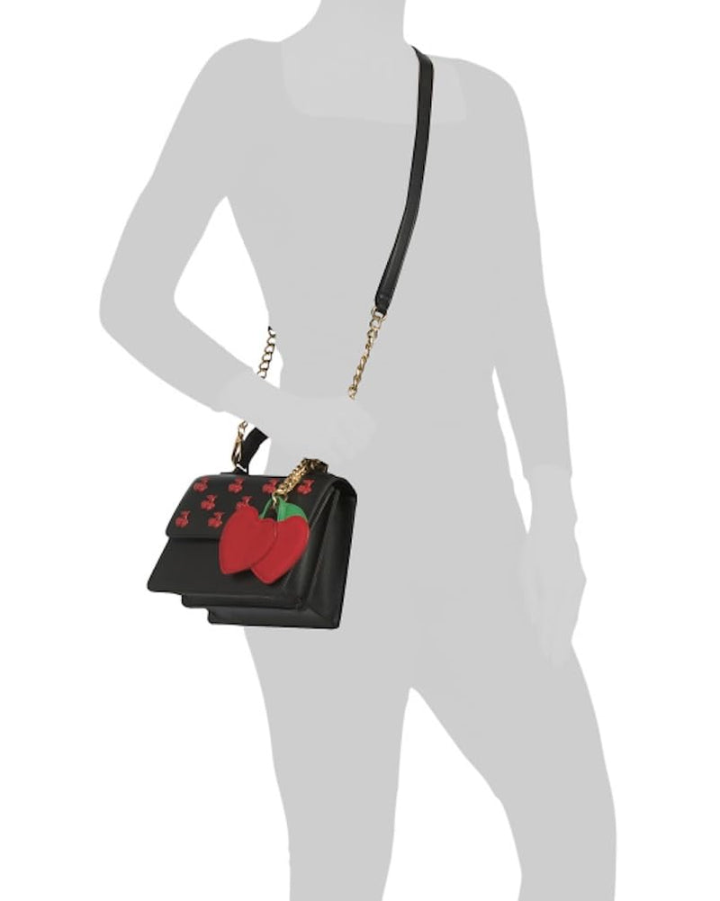 Betsey Johnson Crossbody Bag with Attached Charm, Black with Red Cherry Studs, Dual Compartment, Adjustable Strap, 8x6 Inch
