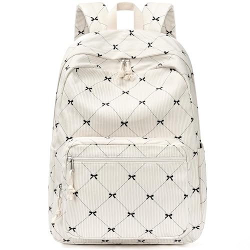 mibasies School Backpack for Girls with Laptop Sleeve: 18IN Large Capacity Corduroy Bookbag for Primary Middle School/College, Travel Daypack for Teens Women - Beige Bow