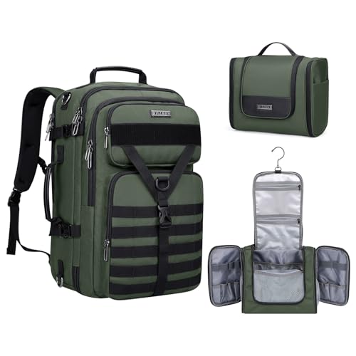 WITZMAN Men's Large 45L Convertible Travel Backpack with 17 Inch Laptop Compartment and Toiletry Bag, Green, 12.6 x 20.5 x 10.63 inches