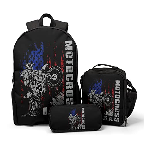 Giwawa Motocross Vehicle Teens School Backpack Set American Flag Canvas Girls Boys School Bags Travel Bookbags 3 in 1