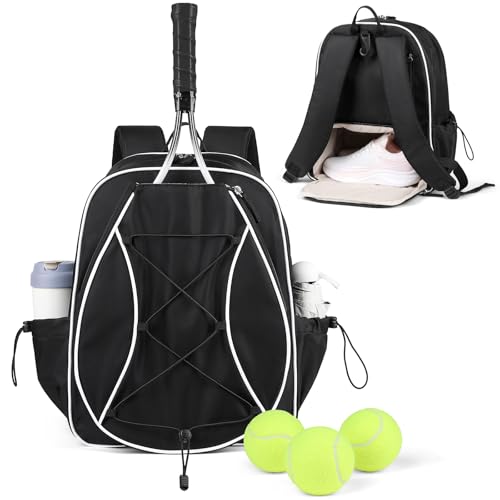 Marvolia Tennis Bags for Women Men, Tennis Backpack Holds 2 Rackets with Ventilated Shoe Compartment & Wet Pocket, Tennis Racket Bag Backpack for Pickleball Tennis Badminton - Black