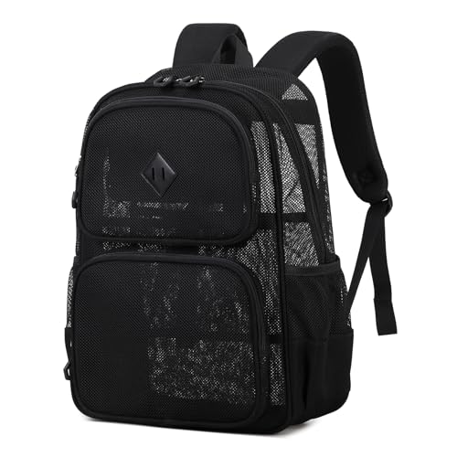 QIXIHU Mesh Backpack for Girls Boys Kids, Heavy Duty Mesh Bookbag, Net Backpack See Through for School,Beach,Swimming,Work,Travel (Black)