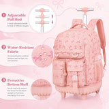 CCJPX 3Pcs Rolling Backpack for Girls, Roller Wheeled School Bookbag, Bow Wheels Backpacks with Lunch Box for Kids (Pink)