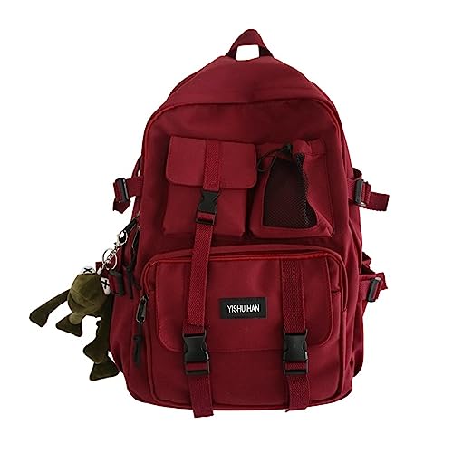 MININAI Aesthetic Backpack with Cute Frog Pendant for Women Men Preppy Laptop Backpack Japanese Harajuku College Backpack (Red,One Size)