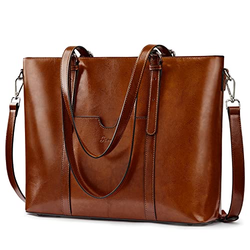 S-ZONE Women Cow Split Leather Laptop Tote Bag Shoulder Handbags 15.6 Inch Purse, Dark Brown, L