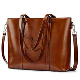 S-ZONE Women Cow Split Leather Laptop Tote Bag Shoulder Handbags 15.6 Inch Purse, Dark Brown, L