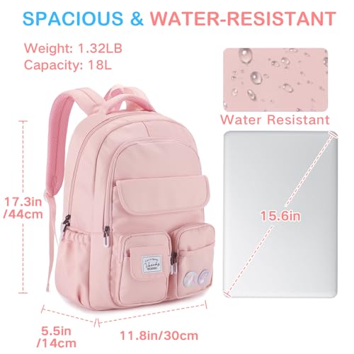 VASCHY Backpack for Girls Ages 8-12, 17 Inch Lightweight School Bag with Clear Pin Display Pouch, Water Resistant Teen Girl Bookbag with Multiple Pockets, Middle School Backpack for Grades 3-6 Pink
