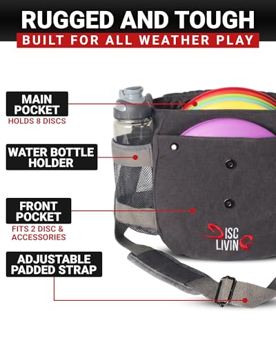 Disc Golf Bag, The ORIGINAL Frisbee Golf Bag, 16oz Waxed Canvas Lightweight Sling, Fits 8-10 Discs, Water Bottle Holder, Belt Loop, Magnetic Double Button Closure (Grey)