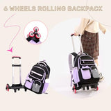 NIWEIYA Rolling Backpack for Girls Kids Trolley Rolling School Bag Wheeled Backpack for Elementary School Roller Bookbags on 6 Wheels, Black Purple