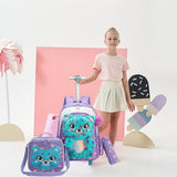 Meetbelify Rolling Backpack for Girls 3D Carton Backpack with Wheels for Elementary Student Kids Plush School Bag with Lunch Box Pencil Case for Girls Ages 6-8 Years Old