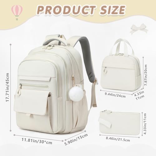 GeeWin Backpacks for Girls, Girls Backpack with Lunch Box & Pencil Case Set, 17 Inch Waterproof Girl Bookbag with Lots of Pockets for Kids, Teens, Elementary Middle High College School Student(Beige)
