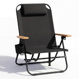 Cansky Portable Beach Chair for Adults, Outdoor Lightweight Camping Chair with Wooden Desgin Armrests, 5-Position Reclining Flat Lay, Cup Holder, Zipper Pouch, Backpack Design, No Towel Rack, Black