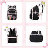 QIXIHU Girls Backpack, 17-Inch Bookbag for Middle & Elementary School, Kawaii Kids Backpack for Girls Ages 6-12(Black Pink)