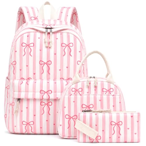 CASLOWIE Backpack for Girls 3PCS Girls Backpack with Lunch Bag Pencil Case Cute Kids Teens School Backpack Set for Elementary Preschool Middle School (Bow Pink Stripes)