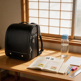 Alzoear Ransel Randoseru Backpack Semi-automatic satchel Japanese school bag for girls and boys PU leather Black