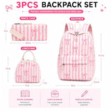 CASLOWIE Backpack for Girls 3PCS Girls Backpack with Lunch Bag Pencil Case Cute Kids Teens School Backpack Set for Elementary Preschool Middle School (Bow Pink Stripes)