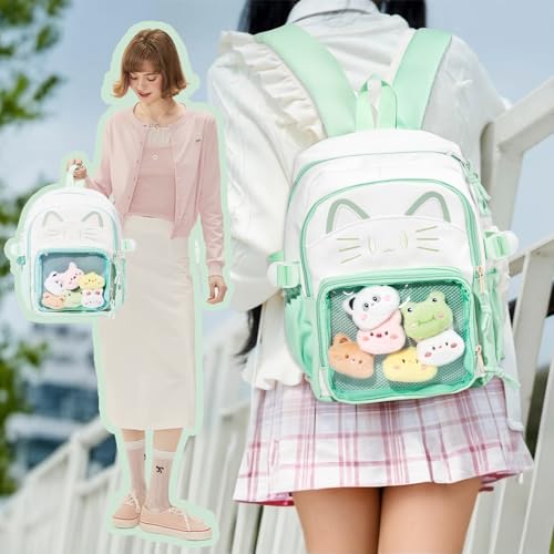 ZingZaak Kawaii Cat Ita Bag,Pin Purse,Pin Display Backpack(green-white,small)