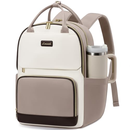 LOVEVOOK Laptop Backpack for Women with Giant Tumbler Holder Pocket, 15.6 inch Travel Work Backpack Purse for Teacher Nurse, Waterproof College Book Bag Cute Casual Daypack, Beige-Nude