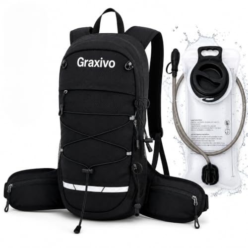 Graxivo Hydration Backpack with 2L Water Bladder, Lightweight Water Backpack with Waist Pockets & Helmet Holder, Small Sport Daypack for Mountain Biking, Hiking, Trail Running, Gear for Men Women