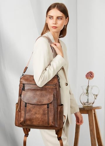 Shrrie Laptop Backpack for Women 15.6 inch,Travel Leather Backpack Purse Nurse Teacher Carry on Backpack Computer Bag,Professional Water-Resistant College Business Work Casual Daypack,Two-toned Brown