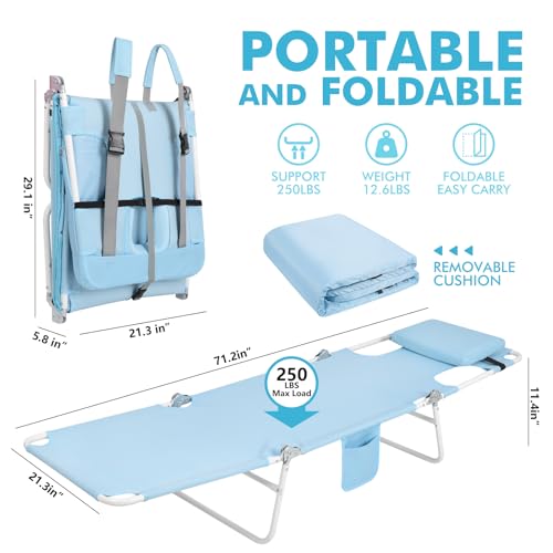 3 in 1 Women Comfort Backpack Beach Tanning Lounge Chair with Cushion Face Hole Softer Padded Adjustable Washable, Folding Layout Sun Chair for Adults Outside Reading Sunbathing Poolside, 6 Position