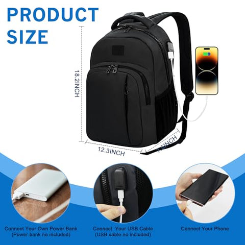 WOLT Laptop Backpack for Men Women for 15.6 Inch and 17 Inch Notebook, Travel Backpack Carry On Flight Approved with Computer Compartment, College Bookbag with USB Charging Port (Black)