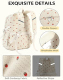 QHRIDS Backpack for Girls Big Student Corduroy Laptop Backpack for College Kids Elementary Middle High School Bag Anti Theft Bookbag Travel Daypack Womens(Corduroy Beige Strawberries)