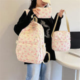 Pink School Backpacks,Back To School Backpack,Bow Backpack For Girls, Coquette Aesthetic Nylon Rucksack Cute Kawaii Back Pack 3Pcs Set With Bow Pattern