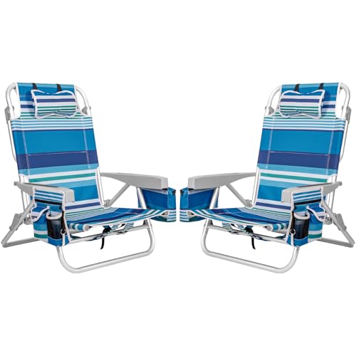 2Pk Aluminum Extra Wide 5-Position Lay Flat Folding Backpack Beach Chairs for Adults, with Cooler Bag, Cup&Phone Holder, Towel Bar for Outdoor Lawn Picnic Sport, Portable Camping Chairs, Blue Stripes