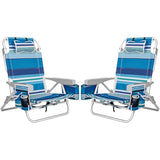 2Pk Aluminum Extra Wide 5-Position Lay Flat Folding Backpack Beach Chairs for Adults, with Cooler Bag, Cup&Phone Holder, Towel Bar for Outdoor Lawn Picnic Sport, Portable Camping Chairs, Blue Stripes