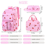PIKBEAR Girls Backpack Set with Lunch Box & Pencil Case, Floral Print Girls School Backpack for Elementary/Middle/High School (Pink-Strawberry)